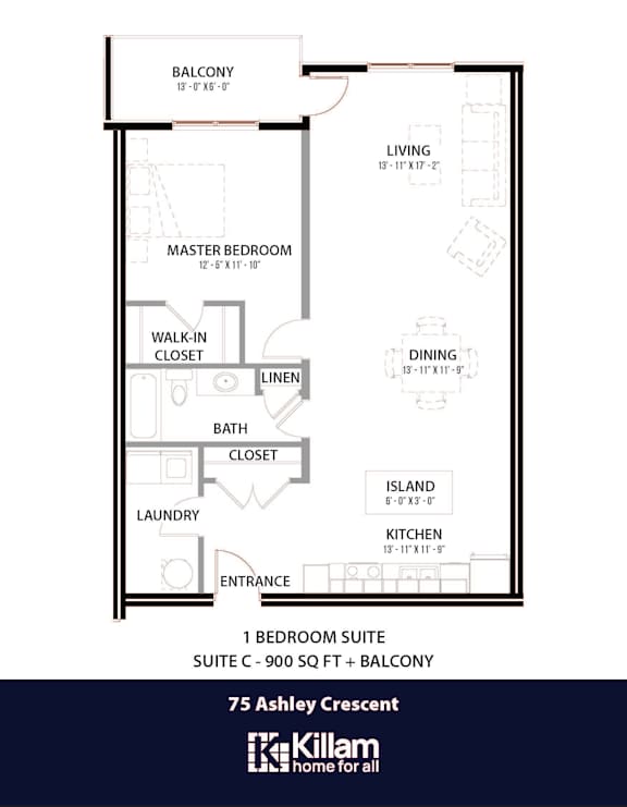 75 Ashley Floor Plan - 1 Bed | 1 Bath (Suite C)
