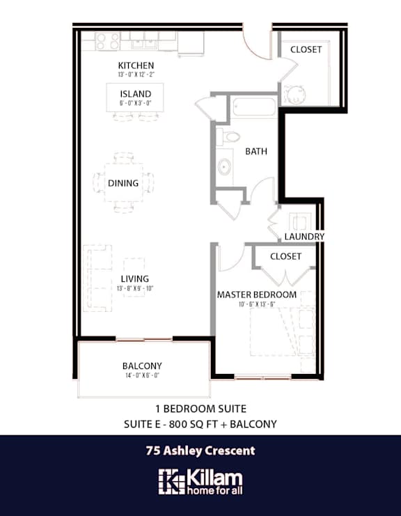75 Ashley Floor Plan - 1 Bed | 1 Bath (Suite E)