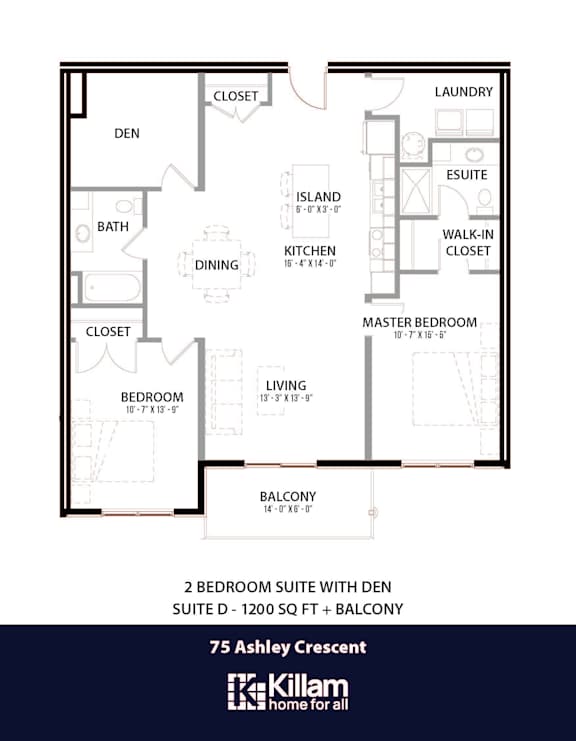75 Ashley Floor Plan - 2 Bed | 2 Bath (Suite D)