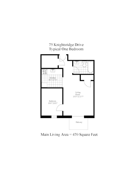 A floor plan of a one bedroom apartment at 75 Knightsridge Drive.