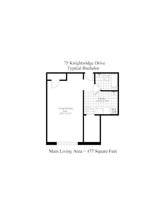 Floor plan for a typical bachelor apartment at 75 Knightsridge Drive.