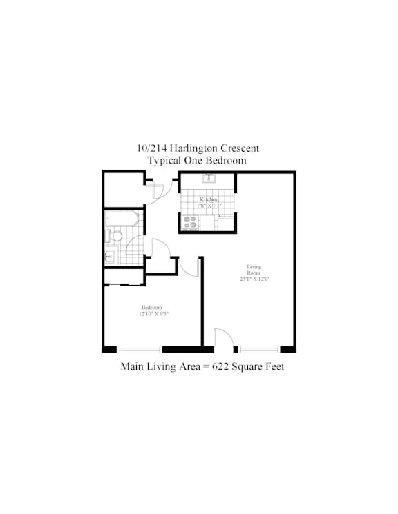 A floor plan for a typical one bedroom apartment at Harlington Crescent.