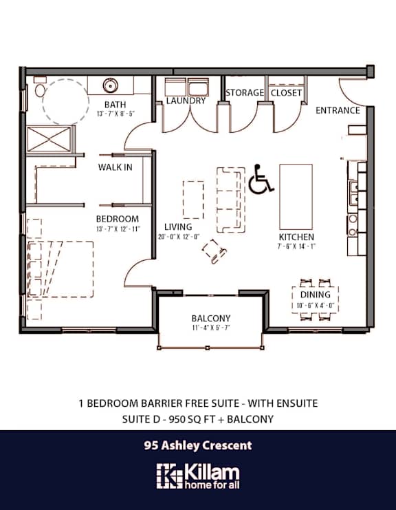 95 Ashley Floor Plan (Barrier Free) - 1 Bed | 1 Bath (Suite D)