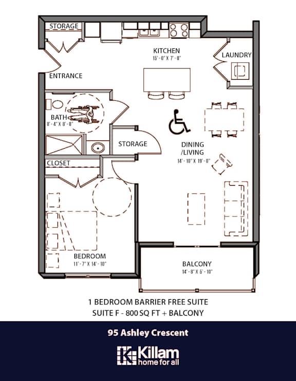 95 Ashley Floor Plan (Barrier Free) - 1 Bed | 1 Bath (Suite F)