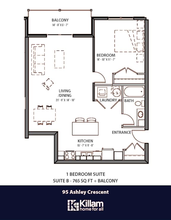 95 Ashley Floor Plan - 1 Bed | 1 Bath (Suite B)