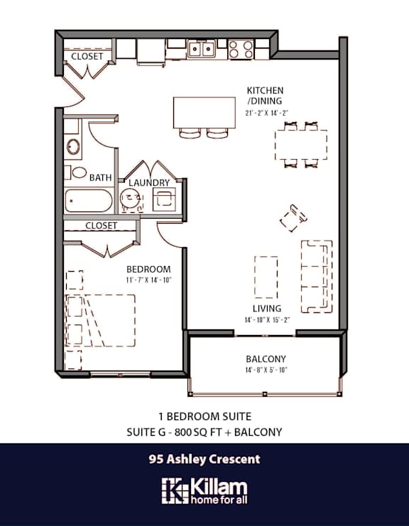 95 Ashley Floor Plan - 1 Bed | 1 Bath (Suite G)