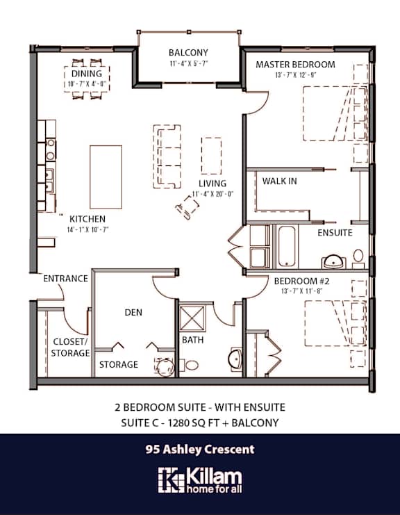 95 Ashley Floor Plan - 2 Bed | 2 Bath (Suite C)