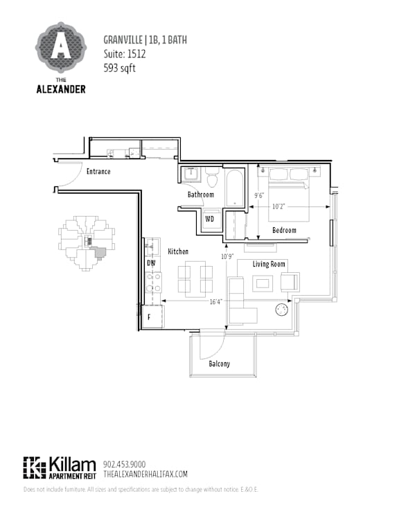 A floor plan for a suite at The Alexander shows a living room, bedroom, and bathroom.