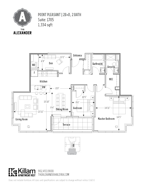 A floor plan for a 1,334 square foot apartment at The Alexander.