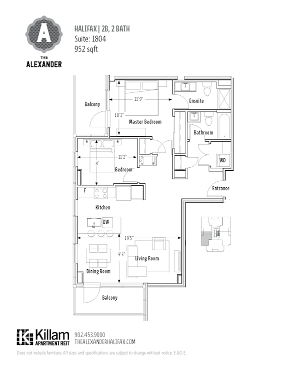 A floor plan for a suite at The Alexander shows a balcony, two bedrooms, a living and dining room, kitchen, and bathroom.