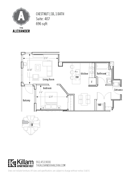 A floor plan for a 1 bedroom suite at The Alexander.