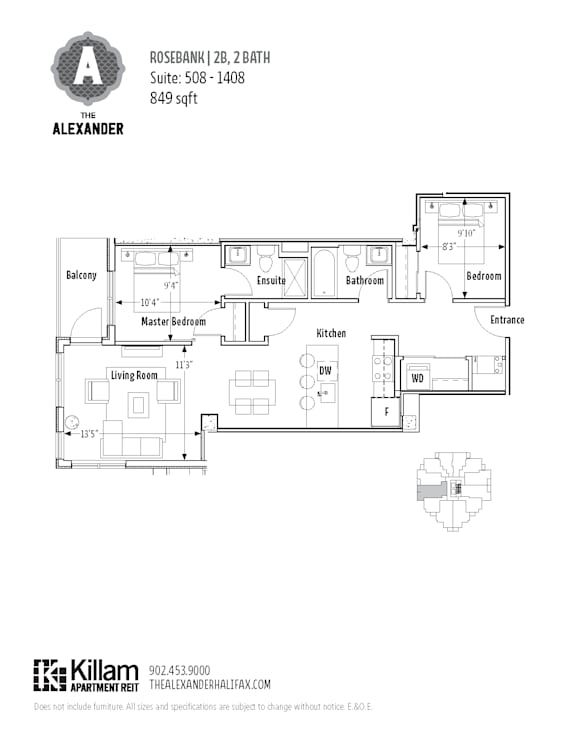A floor plan for a 2 bedroom apartment at The Alexander.