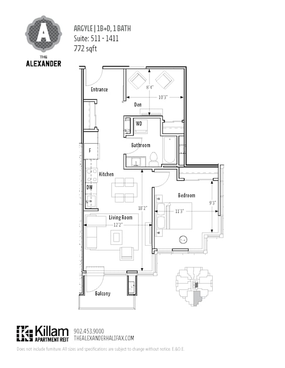 A floor plan for a suite at The Alexander shows a living room, bedroom, bathroom, kitchen, and balcony.