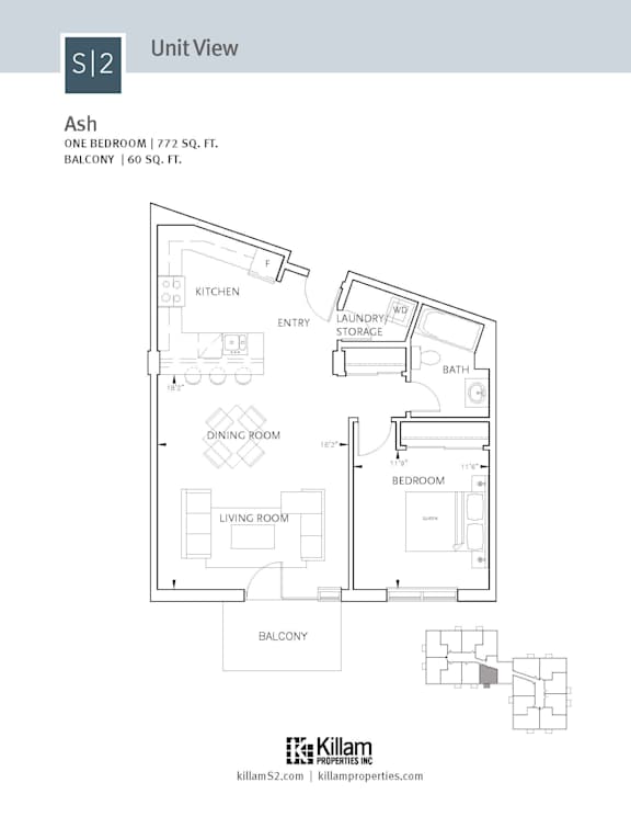 A floor plan for a one bedroom apartment with a balcony.