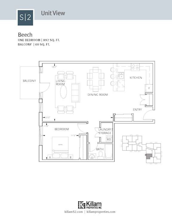A floor plan for a one bedroom apartment with a balcony.