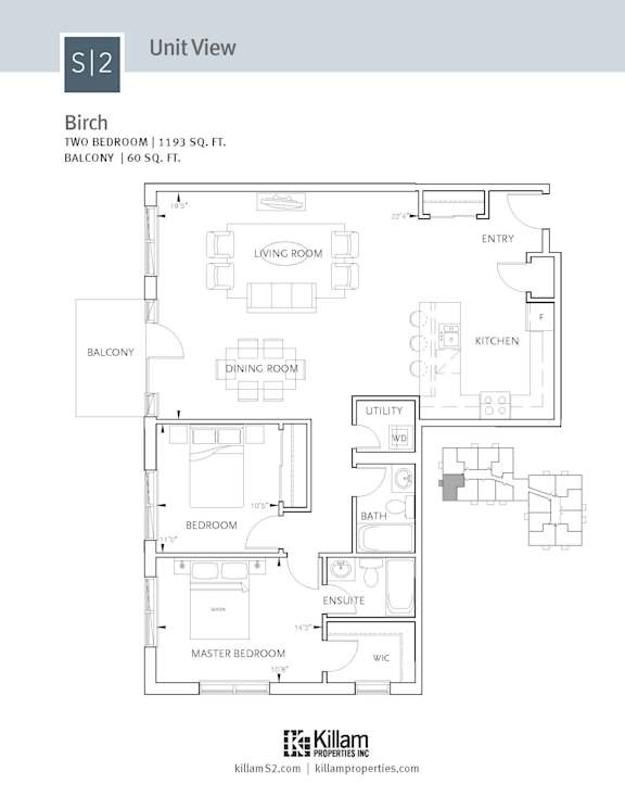 A floor plan for a unit at Killam Properties showing a master bedroom, two bedrooms, a balcony, and a lounge room.