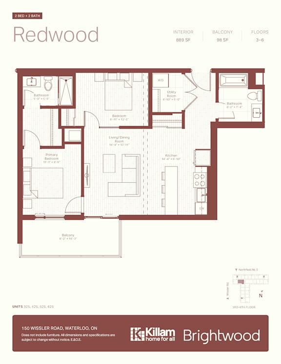 A floor plan for a Redwood apartment by Killam Home for all Brightwood.