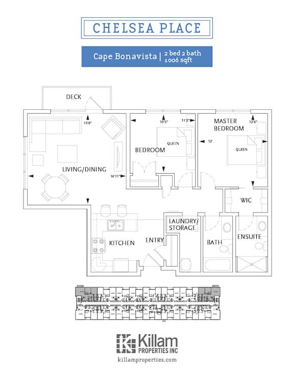 A floor plan for a property located at Chelsea Place, Cape Bonavista shows a 2 bedroom, 2 bathroom apartment.
