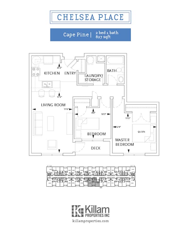 A floor plan for a Cape Pine apartment with two bedrooms and a bath.