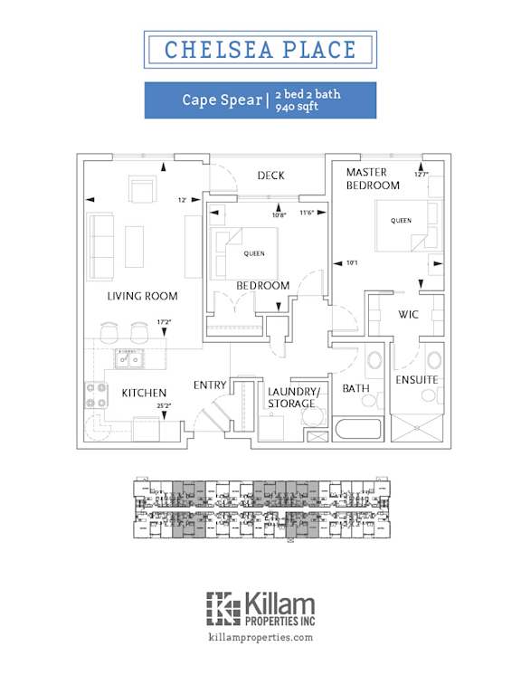 A floor plan for a Cape Spear apartment with two bedrooms and a bath.