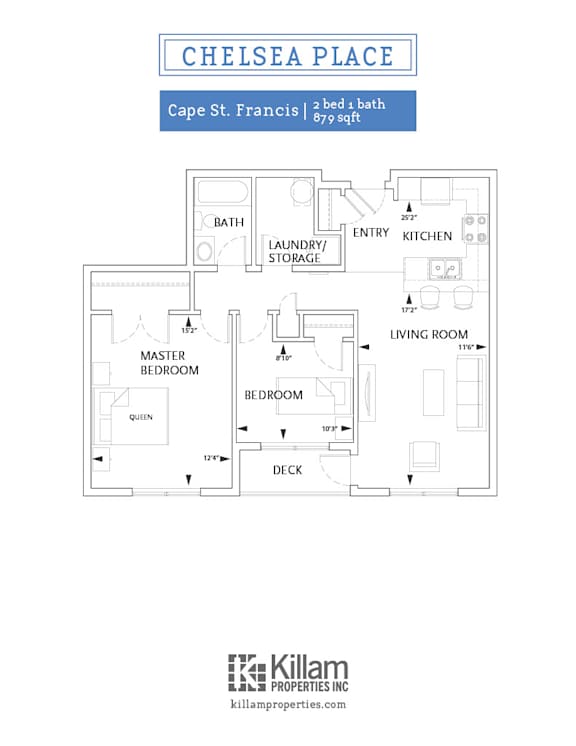 A floor plan for a Cape Pine apartment with two bedrooms and a bath.