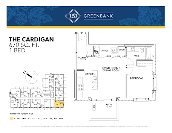 A floor plan for a 670 square foot 1 bedroom apartment from Greenbank.