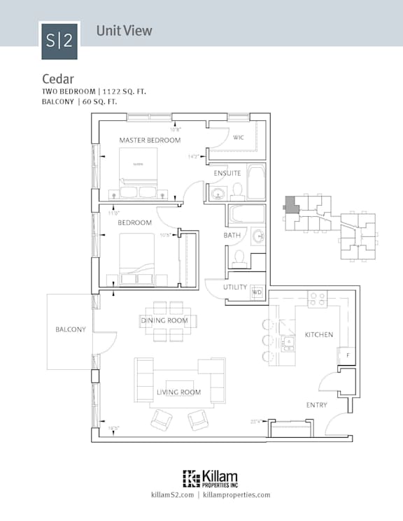 A floor plan for a Cedar apartment with a living room, dining room, kitchen, two bedrooms, a master bedroom, and a balcony.