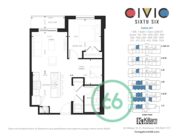 A floor plan for a suite in the Oivio Sixty Six building, showing the layout of the rooms and their dimensions.