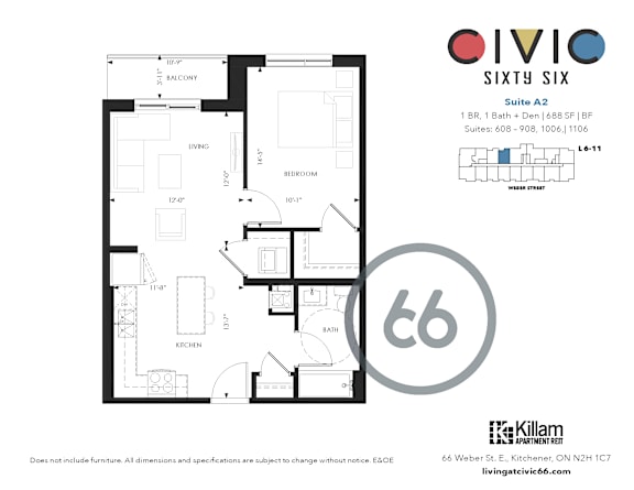 A floor plan for a suite at the Oivio Sixty Six apartment complex.