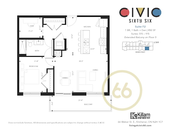 A floor plan for a suite at the Oivio Sixty Six, showing a living room, kitchen, and bathroom.