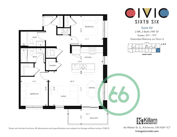 A floor plan for an apartment at 66 Weber St. E. in the livingcativc66.com building.