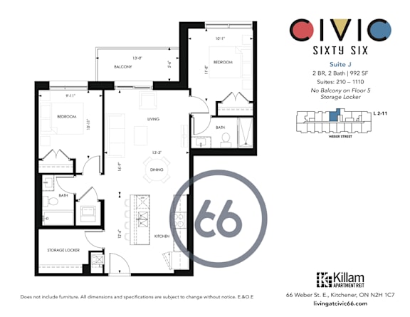 A floor plan for an apartment complex called "Olivio Sixty Six" with Suite J and Suites 210-1110, and a note that there is no balcony on Floor 5.