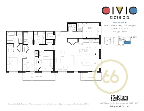 A floor plan for a penthouse labeled "OIVIO SIXTY SIX" with various rooms and measurements.