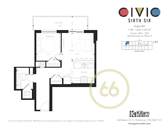 A floor plan for a suite at the Oivio Sixty Six, including a balcony on the fifth floor.