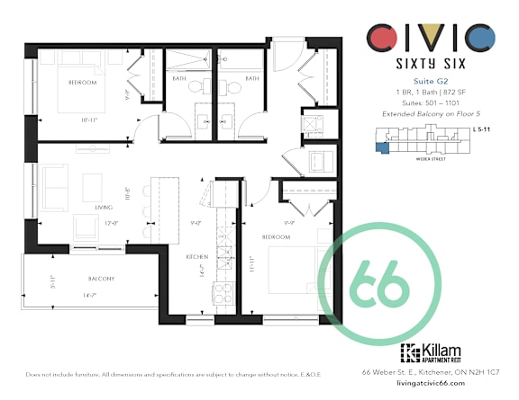 A floor plan for a suite at the Oivio Sixty Six, including a living room, two bedrooms, and a bathroom.