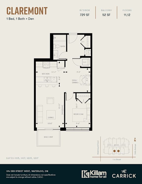 Claremont 1 Bed, 1 Bath + Den