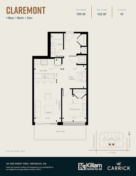 Claremont 1 Bed, 1 Bath + Den