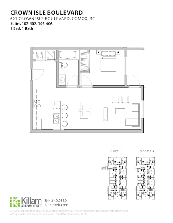 A floor plan for a 1 bedroom, 1 bath apartment at Crown Isle Boulevard.