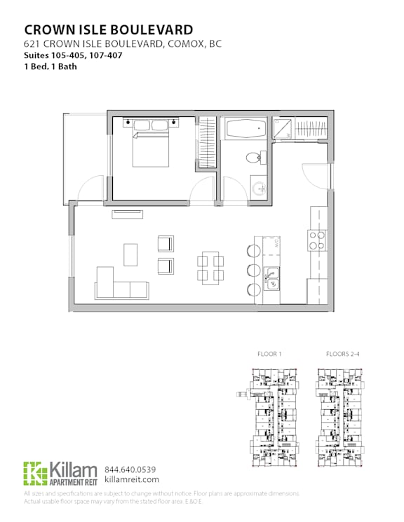 A floor plan for a 1 bedroom, 1 bath apartment at Crown Isle Boulevard.