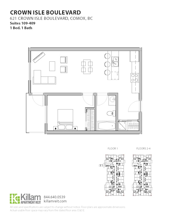 A floor plan for a 1 bedroom, 1 bath apartment at Crown Isle Boulevard.