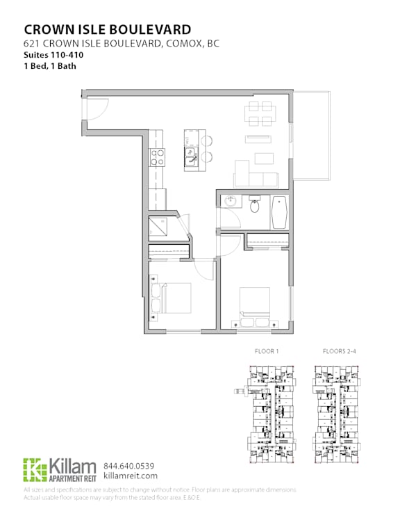 A floor plan for a 1 bedroom, 1 bath apartment at Crown Isle Boulevard.