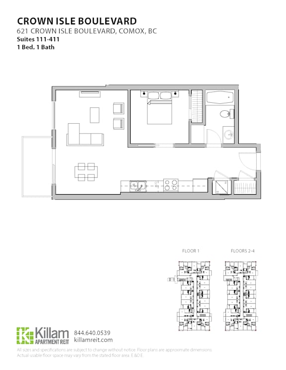 A floor plan for a 1 bedroom, 1 bath apartment at Crown Isle Boulevard.