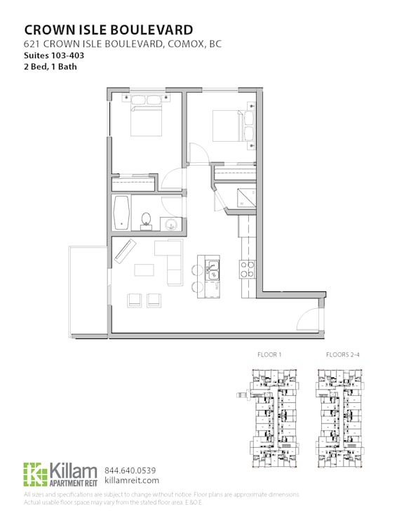 A floor plan for a 2 bedroom, 1 bathroom apartment at Crown Isle Boulevard.