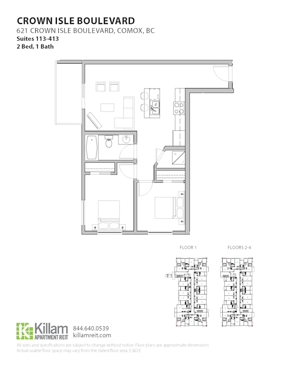 A floor plan for a 2 bedroom, 1 bath apartment at Crown Isle Boulevard.