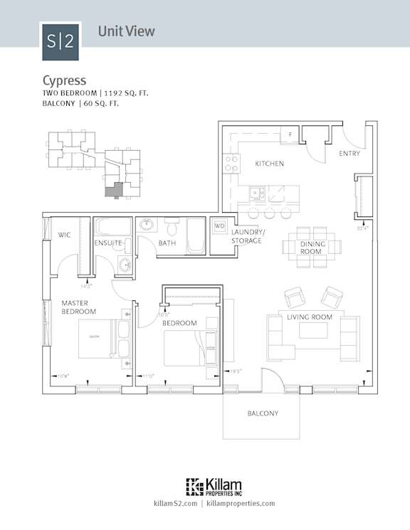 A floor plan for a Cypress apartment with two bedrooms and a balcony.