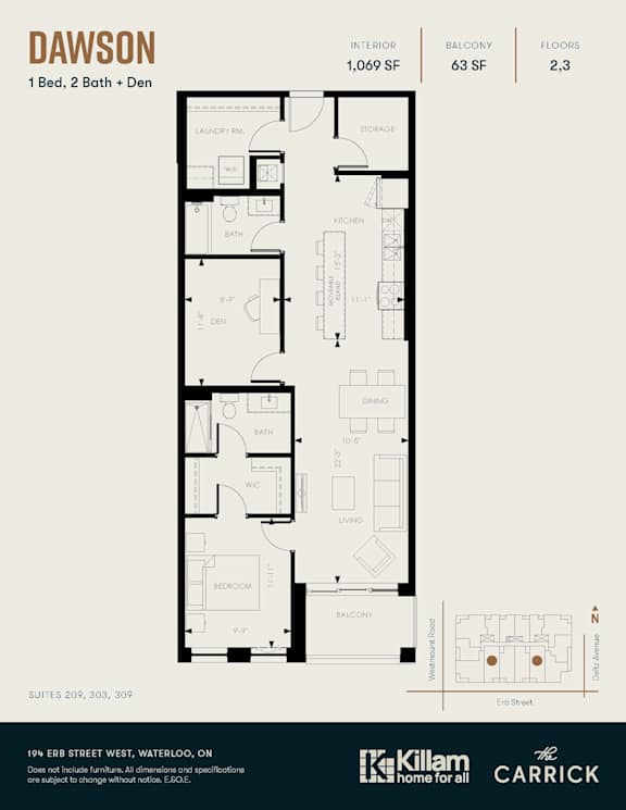 Dawson 1 Bed, 2 Bath + Den