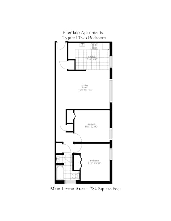 A floor plan of a typical two bedroom apartment in Ellerdale.