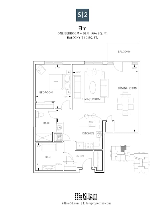 A floor plan for a one bedroom apartment with a balcony.