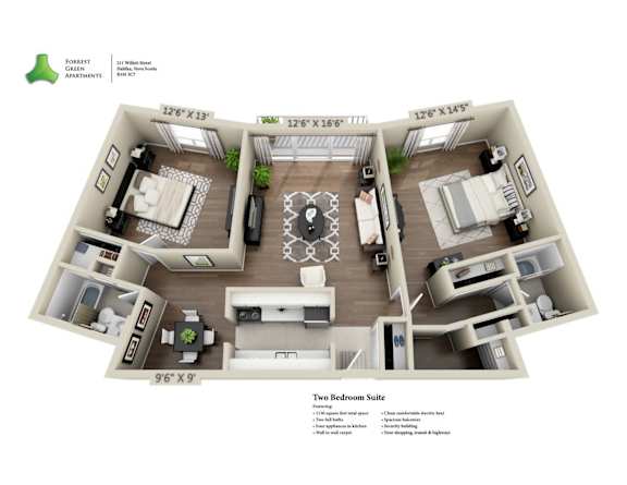 A floor plan of a two bedroom suite at Denali Green Apartments.
