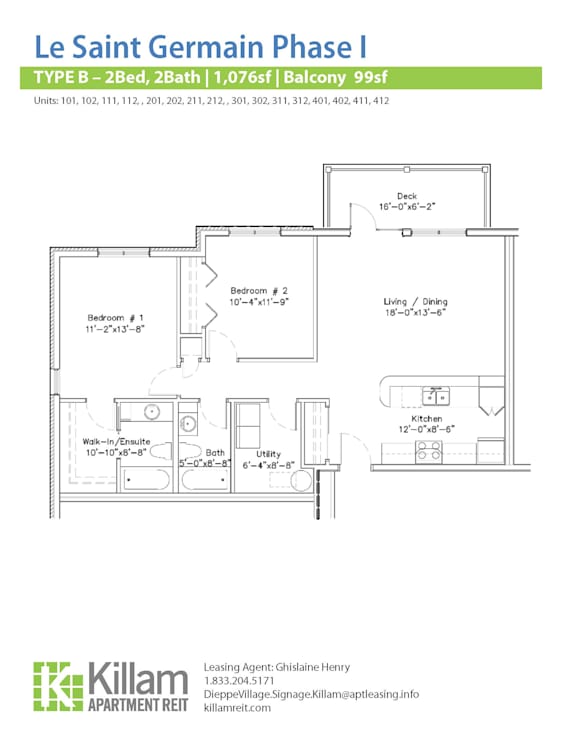 A floor plan for apartment type B - 2 bedroom, 2 bathroom, size 1,076 square feet.